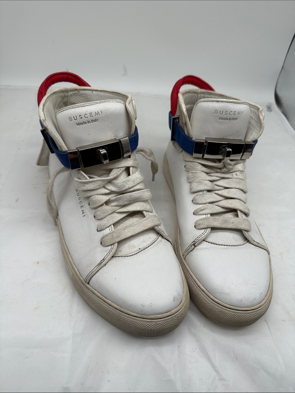 Buscemi 100 MM White Leather High-Top Sneakers with Blue Strap & Red Heel
